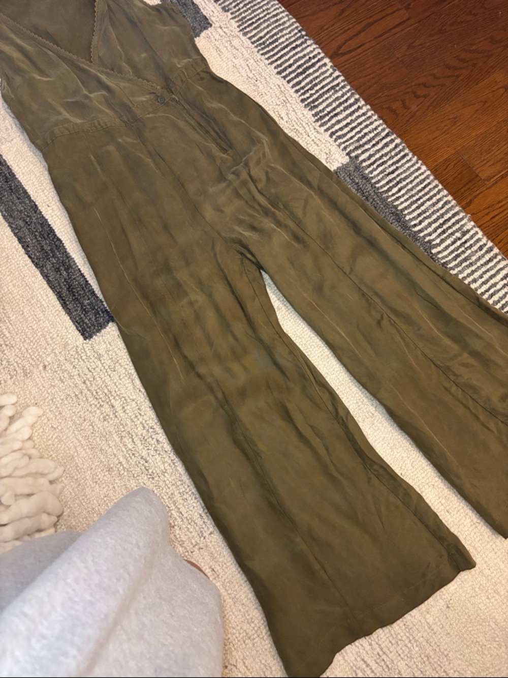 Olive Wide Leg Jumpsuit Sleeveless Deep V Drape - Picture 8 of 11